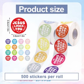 1000 x Jesus Loves You Stickers, Jesus Stickers in 16 Colours, 3.8 cm, Religious Stickers, Waterproof Christian Stickers for Encouragement and Reward of Children