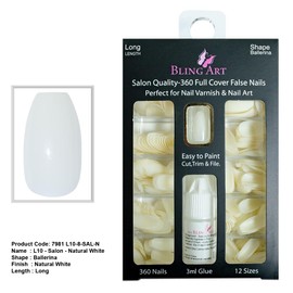 Bling Art Salon 360 Coffin Ballerina Long False Nails Natural White Acrylic with Glue