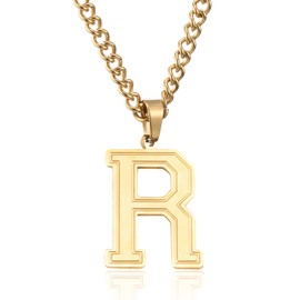 RWQIAN Large Initial Letter Necklace for Men Women,Gold Plated Stainless Steel Chain with R Alphabet Pendant,Name Capital Letter Necklaces for Sports Athletes Men Women Graduation Initial Gifts