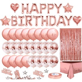 Rose Gold Balloons Party Decorations Supplies for Birthday, Wedding Decorations, Including Happy Birthday Banner, Sequin Table Runner, Rose Gold Balloons, Foil Fringe Curtains
