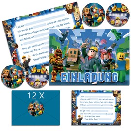 Ctxtqtdt 12 x Roblx Invitation Cards Children's Birthday Boy with Envelope German, Birthday Invitations Boys, Roblx Cartoon Invitation Cards Birthday Set for Themed Party (A6) (A)