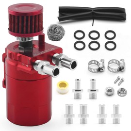 muge racing Universal Oil Catch Can Tank Kit Polish Baffled Reservoir with Breather Filter with 3/8" Fuel Line,Aluminum,Red,400ml