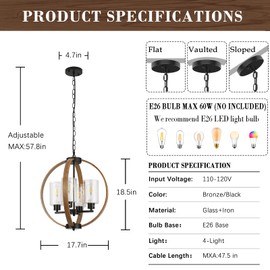 QianZhan Farmhouse Chandelier Light Fixture, 18in Rustic Dining Room Chandeliers with Glass Shade 4-Light Globe Lighting Fixtures Retro Pendant Lamp for Kitchen Island Entrance Living Room