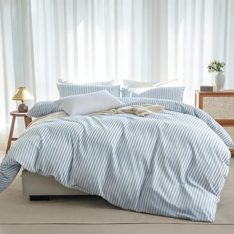 LIFETOWN Striped Duvet Cover Set 100% Washed Cotton Linen Feel