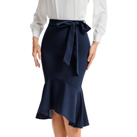Bbonlinedress Womens Midi Pencil Skirt Fishtail Work Office Church Bodycon High Waist Mermaid Skirt Navy M