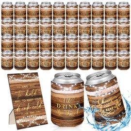 SiliFine 101 Pcs Wedding Can Cooler Bulk Engagement Party Favors for 100 Guests Cheers to Love Laughter, and I'll Drink Can Cooler with 1 Pcs Wooden Wedding Table Sign Bridal Shower Favor (Brown)