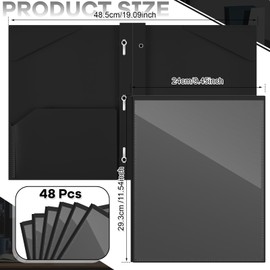 Henoyso 48 Pcs Heavy Duty Plastic Folder with Clear Front Pocket and 3 Prongs Holds up to 100 Sheets Extra Thick (0.35mm) Folders with Card Slot for Students School Office Home(Black)