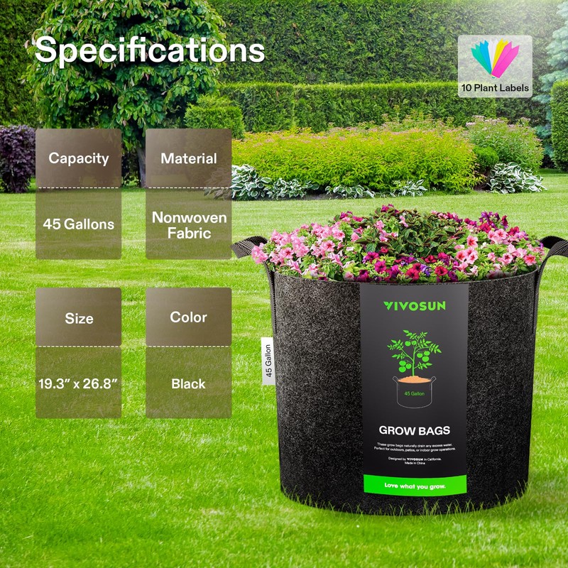 VIVOSUN 1 Pack 45 Gallon Grow Bag, Fabric Pot with
