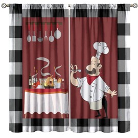 Chef Kitchen Curtains,Funny Chef Black White Buffalo Check Plaid Print Bedroom Living Room Window Treatment 2 Panels Set Total Size 42" W X 45" L Inch