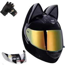 Kuaifly Cat Ear Motorcycle Helmet Full Helmet Youth Men and Women Racing Motocross Casco (X-Large, Bright Black, DOT Certified)