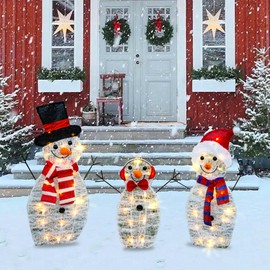 TW SHINE Lighted Christmas Snowman Outdoor Decoration, 3-Piece Pre-Lit 2D Snowman Family Set with 55 Warm White Lights, Christmas Yard Decorations for Patio Lawn Garden Decor, 20.5X9X29.5Inch-Large