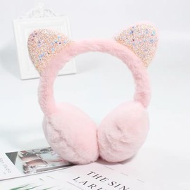 Girl Winter Ear Muffs Cute Cat Ear Furry Plush Earmuff Bling Sequin Ear Warmers Women Adjustable Outdoor Earmuff (pink)