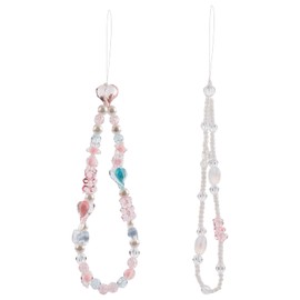 2pcs Beaded Cell Phone Lanyard, Cute Phone Chain Heart-shaped Phone Wrist Strap Love Beaded Phone Charm Strap Heart Phone Keychain for Women Girls, Phone Accessories (White, Pink)