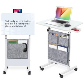 KOUPA Adjustable Height Standing Desk, Writable Tempered Glass Desktop with Eraser, 360° Flip, Wheels and Bag– Ideal for Small Spaces and Home Offices, 24 in, White(Adjustable Height: 32-47 in)