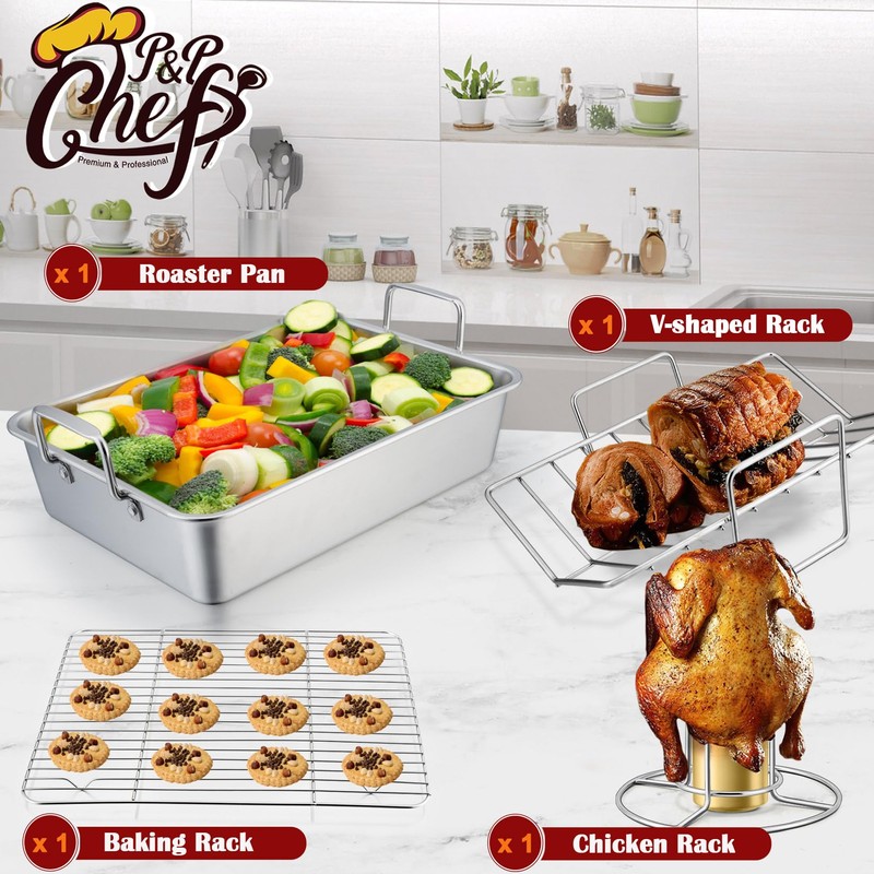 P&P CHEF Roasting Pan Set (8 PCS), 14 Inch Stainless