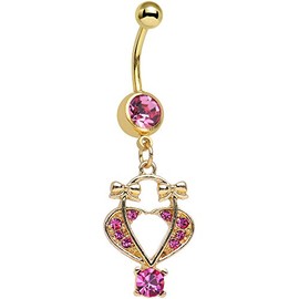 Pink Bow Tied Basket Heart Dangle Belly Ring