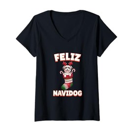 Womens Feliz Navidog Christmas Dog Sock Havanese V-Neck T-Shirt