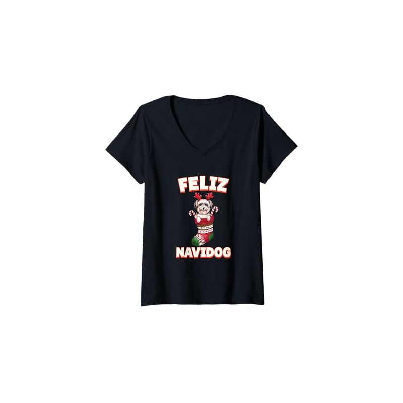 Womens Feliz Navidog Christmas Dog Sock Havanese V-Neck T-Shirt