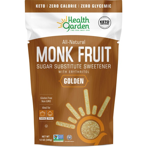 Health Garden Monk Fruit Sweetener, Golden- Non GMO - Gluten Free - 1:1 Sugar Substitute - Kosher - Keto Friendly (12 Oz)