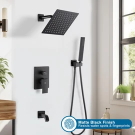 POP SANITARYWARE Matte Black Shower Faucet Set with Tub Spout Bathroom Rainfall 8 Inch Shower Head System with Handheld Single Handle Shower Trim Kit with Valve