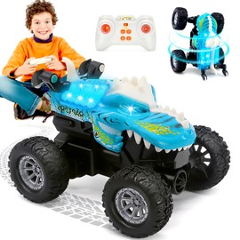 DELEE Dinosaur RC Car - 4WD Remote Control Toy with LED Eyes & Roaring Sound - Indoor Outdoor Jurassic Toy Prehistoric Adventure Gift for for 6-12 Year Old Kids (Blue)