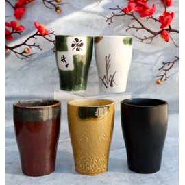 Ebros Gift Japanese Multi Colored Abstract Art Natural Glazed Ceramic 8oz Drink Coffee Tea Cup Set of 5 Made In Japan Artistic Pottery Decor Of Asian Fusion Decorative Earthenware Drinking Cups