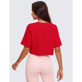CRZ YOGA Women's Pima Cotton Workout Crop Tops Short Sleeve Yoga Shirts Casual Athletic Running T-Shirts Festival Red Small