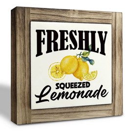 Lemon Wood Plaque Sign - Freshly Squeezed Lemonade, Summer Sign, Rustic & Farmhouse Home Decor for Kitchen, Home Bar & Coffee Bar Tabletop