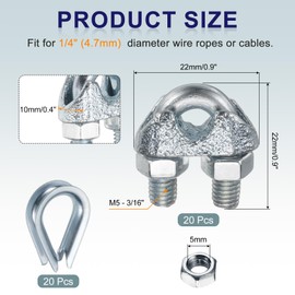 sourcing map 20 Pcs M5 Steel Wire Rope Clip Clamps and Thimble Set, 3/16" Wire Rope U-Bolt Cable Clamps Saddle Fastener FOR Wire Rope Rigging Tent Rope Guardrail System