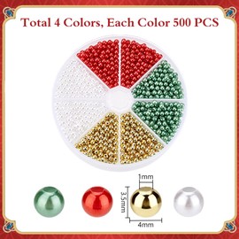 arricraft 2000 Pcs Christmas Pearl Beads, 4mm Acrylic Round Imitation Pearl Beads Red Green Gold White Loose Spacer Beads Small Beads for Jewelry Making DIY Craft Earrings
