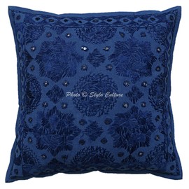 Stylo Culture Indian Decorative Cushion Covers 40cm x 40cm Home Decor Blue Embroidered Cotton Living Room Throw Pillow Cover Mirrored 16x16 Pillow Case