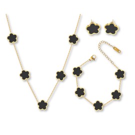 PRIMATORIA Five Leaf Clover Jewelry Set for Women 18K Gold Plated Bracelet Necklace Earrings 5 Leaf Lucky Choker and Ear Studs for Mother and Daughter (Black Gold Set)