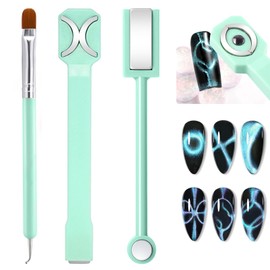 Cat Eye Magnet for Nails & French Tip Brush Set, 3-in-1 Nail Magnet Stick, Upgraded Cateye Magnet Tool for 3D Magnetic Cat Eye Gel Polish Nail Art, Nail Clean Up Brush for Salon & Home(NAT266-Green)