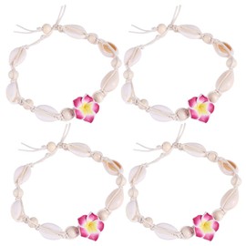 LUOZZY 4 Pcs Hawaiian Hemp Flower Shell Anklet Bracelet Beach Style Adjustable Fashion Ankle Accessory for Women