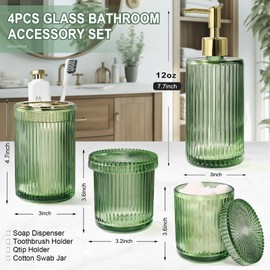 Green Glass Bathroom Accessories 4 Pcs, Green Bathroom Set, Green Soap Dispenser and Toothbrush Holder Set, Qtip Holder Set, Vintage Green Bathroom Sink Set, Cute Bathroom Decor