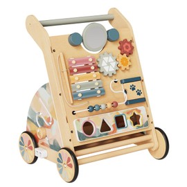 LOL-FUN Wooden Baby Walker with Detachable Busy Board, Push Walker for Baby with Adjustable Speed Wheels, Activity Learning Walker for Boys 6-12 Months