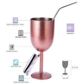 Stainless Steel Wine Glasses Cups.Double Walled Vacuum Insulated Wine Tumbler With Lid and Straw.Friendship,Christmas,Birthday Gifts for Women Men Friends Dad Mom(10oz Rose Gold)