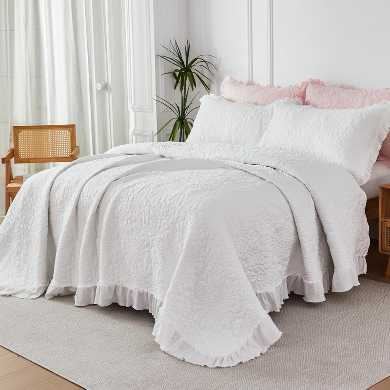 WINLIFE Bright White Ruffled Quilt Set 3pcs Queen 90''x98'' -