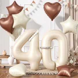 40 Cream White Balloons, 40 Number Balloons Set, Beige Number 40 Balloons, Brown Sand White Foil Star Heart Balloons With Long Balloons For 40th Birthday Party 4th kids Baby Shower Decoration