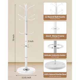 EZIVIEZ Modern Coat Rack Stand, Metal Freestanding Coat Rack with Natural Marble Base, Heavy-Duty Coat Racks with Umbrella Holder,White Coat Hanger Stand with 12 Hooks for Office, Entryway, Hallway