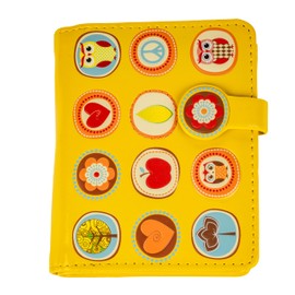 Shag Wear Women's PU Vegan Leather Colorful Slim Trendy Small Bifold Wallet with 4 Credit Card Slots, 1 Zippered Coin Pocket, and Clear ID Window, Owl Yellow, Modern