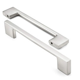 Cauldham 10 Pack Solid Kitchen Cabinet Pulls Handles (5" Hole Centers) - Modern Thin Profile Drawer/Door Hardware - Style M255 - Satin Nickel