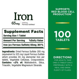 Nature’S Bounty Iron 65Mg, 325 Mg Ferrous Sulfate, Cellular Energy Support, Prom