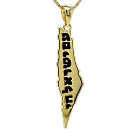 Central Diamond Center Israel Map Necklace Sterling Silver-Am Israel Chai on Back Side-3D Map of Israel Large Yellow Gold Plated