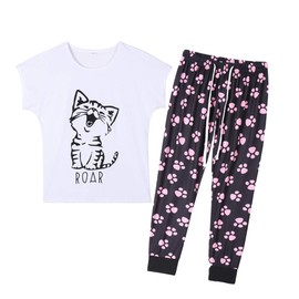YIJIU Women's Cute Cartoon Cat Sleepwear Short Sleeve Top and Pants Pajama Set Black