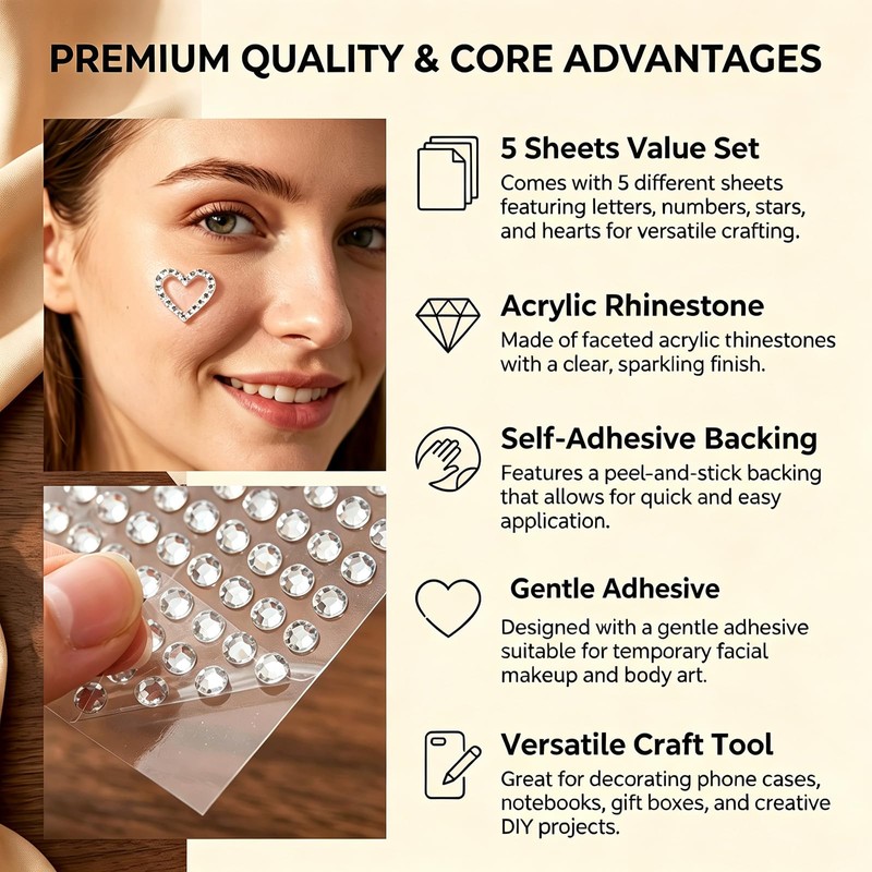 ECHO‑OVE 5 Sheets Hair Body Face Gems Rhinestone Stickers