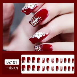 Short Coffin Press on Nails Spring Flower Fake Nails Full Cover with Glitter Flower Designs Artificial Nails Red Nails Press ons Flower Acrylic Nails Short Stick on Nails for Women Girls 24 pcs