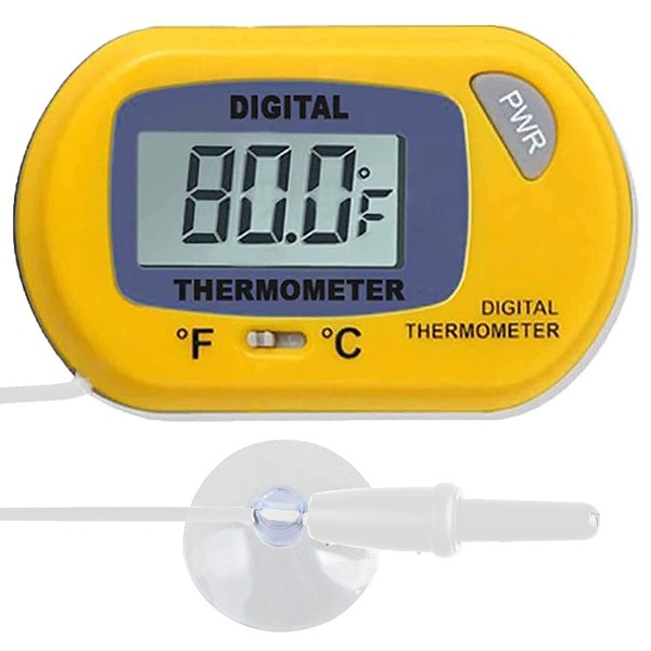 SunGrow Digital Betta Thermometer for Tropical Aquarium Fish, Yellow Color, Suction Cups and 1 Battery Included, 1 pc per Pack
