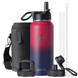 Water Bottle 32 oz Insulated with Straw, Coolflask Stainless Steel Metal 3 Lids Water Flask Wide Mouth for Sports or Office, Non-BPA Keep Cold Up to 48 Hrs or Hot Up to 24 Hrs, Ombre Wine/Navy