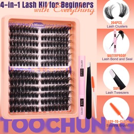 Fluffy Lash Extension Kit Cat Eye Lash Clusters Thick DIY Cluster Eyelash Extension Kit 10-19mm Left Right Individual Lashes Clusters Eyelashes Kit with Lash Bond and Seal, Tweezers, Brushes
